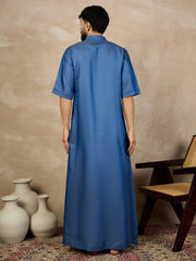 Blue Solid Half Sleeve Denim Arabic Thobe/Jubba For Men