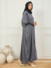 Front Open Grey Solid Loose Fit Kaftan Abaya With Black Georgette Hijab