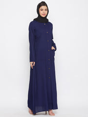 Blue Rayon Front Open Abaya for Women with Black Georgette Scarf