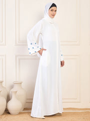 Front Open White Solid Hand Work Detailing Luxury Abaya Burqa For Women With Matching Georgette Hijab