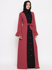 Rust & Black Bell Sleeves Abaya for Women with Black Georgette Scarf