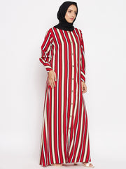 Red Stripe Front Open Abaya for Women with Black Georgette Scarf
