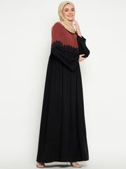 Lace Design Black and Rust Abaya with Black Georgette Hijab