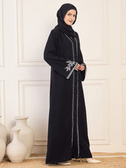 Front Open Black Solid Hand Work Detailing Luxury Abaya Burqa For Women With Black Hijab