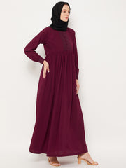 Maroon Solid Lace Work Design Abaya for Women with Black Georgette Scarf