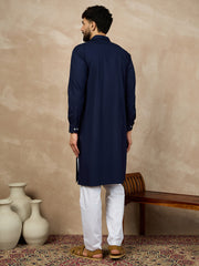 Blue Solid Cotton Kurta and White Pajama Set For Men