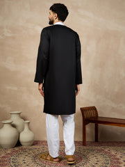 Black Solid Mandarin Collar Cotton Kurta For Men With Piping Detailing