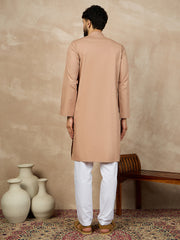 Beige Solid Mandarin Collar Cotton Kurta For Men