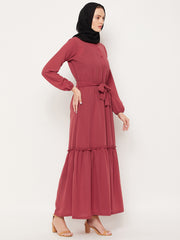 Rust Solid Frill Abaya Dress for Women with Black Georgette Scarf