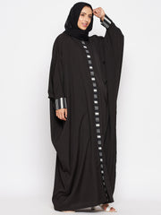 Front Open Black Solid Kaftan Abaya for Women with Black Georgette Hijab