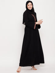 Solid Black Embroidery Design Abaya Dress with Black Georgette Hijab