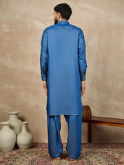 Blue Solid Denim Pathani Kurta Pajama Set For Men