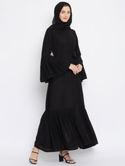 Black Plats Design Front Open Abaya with Black Georgette Hijab
