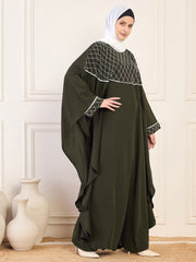 Handworked Olive Green Solid Luxury Kaftan Abaya for Women with White Georgette Hijab