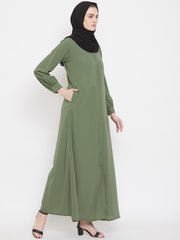 Front Open Jade Green Solid Mandarin Collar Abaya Burqa With Black Hijab