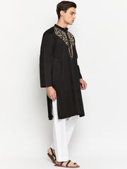 Embroidery Details Black Solid Cotton Kurta Pajama Set For Men