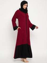 Maroon And Black Women Solid A-Line Abaya Burqa With Black Georgette Hijab