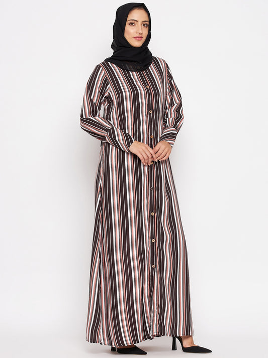 Brown Stripe Front Open Abaya for Women with Black Georgette Scarf