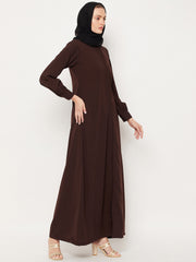 Front Open Brown Solid Mandarin Collar Abaya Burqa With Black Hijab