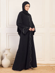 Handwork Detailing & Bell Sleeves Black Solid Luxury Abaya Burqa for Women with Black Hijab