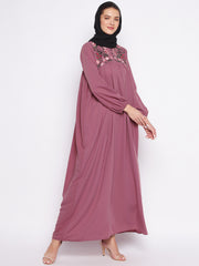 Puce Pink Chikan Hand Embroidery Work Abaya for Women with Black Georgette Scarf