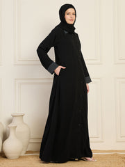 Front-Open Black Solid Collared Abaya with Black Georgette Hijab