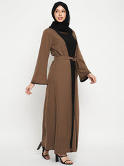 Inner Part Included Oat Solid Front Open Shrug with Black Georgette Hijab