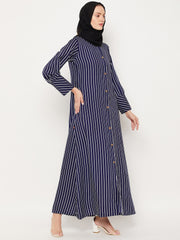 Blue Stripe Front Open Abaya for Women with Black Georgette Scarf