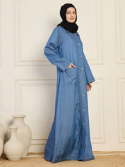 Front Open Denim Blue Solid Abaya With Black Georgette Hijab