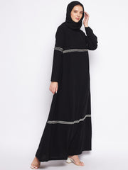 Black A-Line Abaya with White Piping for Women with Black Georgette Hijab