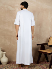 White Solid Half Sleeve Cotton Arabic Thobe/Jubba For Men