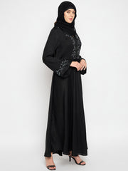Hand Work Detailing Black Solid V-Neck Luxury Abaya Burqa Paired With Black Georgette Hijab