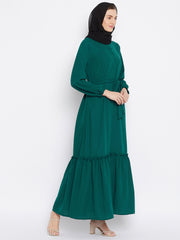 Bottle Green Solid Frill Abaya Dress for Women with Black Georgette Scarf