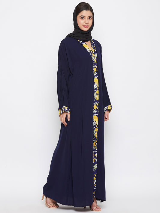 Blue Dubai Style Front Open Abaya with Black Georgette Hijab