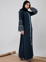 Front Open Bell Sleeves Kefiyyeh Embroidered Teal Abaya Burqa With Black Georgette Hijab