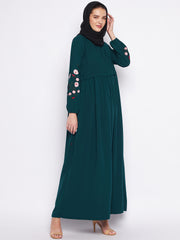 Bottle Green Chikan Hand Sleeve Embroidery Work Abaya for Women with Black Georgette Scarf