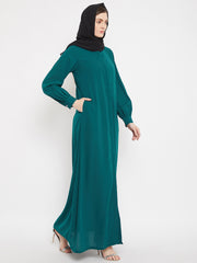 Front Open Bottle Green Solid Mandarin Collar Abaya Burqa With Black Hijab