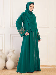 Front Open Bottle Green Solid Hand Work Detailing Luxury Abaya Burqa For Women With Matching Hijab