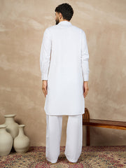 White Solid Cotton Pathani Kurta Pajama Set For Men