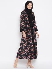 Black Floral Printed Shrug Attached Casual Abaya for Women With Black Georgette Scarf
