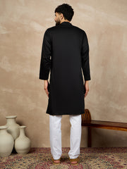 Black Solid Mandarin Collar Cotton Kurta For Men