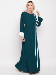 A-Line Piping Design Bottle Green Abaya for Women with Black Georgette Hijab