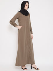 Front Open Oat Solid Mandarin Collar Abaya Burqa With Black Hijab