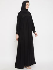 Black Solid Lace work Designed Abaya Dress for Women with Black Georgette Scarf
