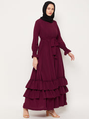 Women Maroon Casual Frilled Abaya Burqa With Belt and Black Hijab