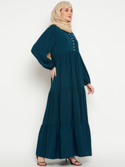 Women Frilled Teal Abaya Burqa With Black Hijab