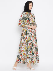 Off White Floral Printed Crepe Abaya Dress with Black Georgette Hijab