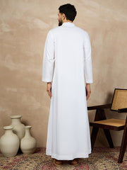 White Solid Mandarin Arabic Cotton Thobe For Men with Piping Detailing