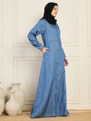 Blue Solid Cuffed Sleeves Denim Abaya Burqa With Black Georgette Hijab