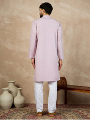 Men's Solid Lavender Color Cotton Kurta and White Pajama Set